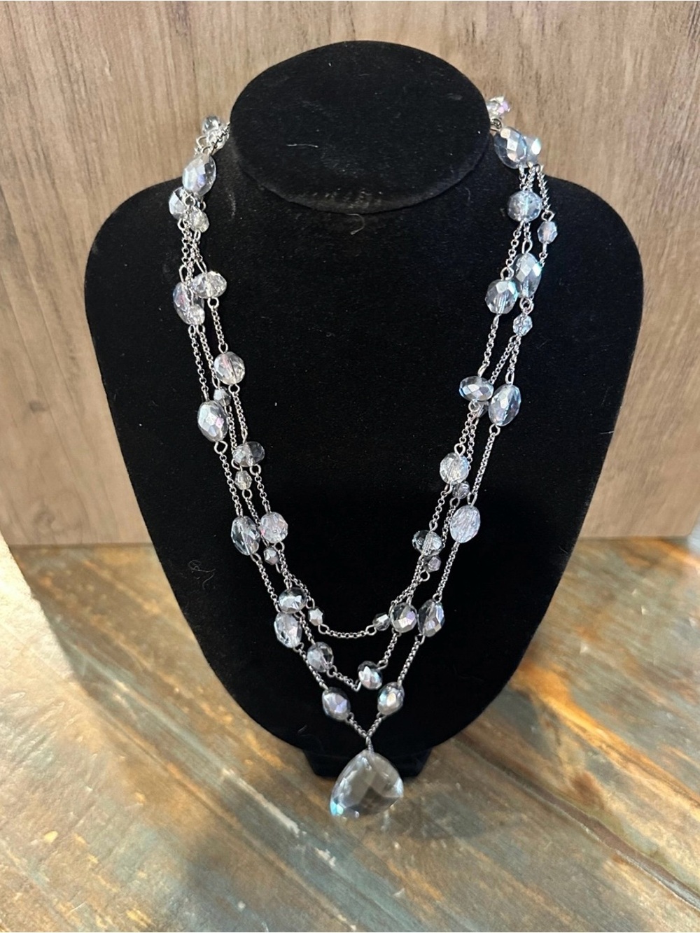 Silver-Tone Multi-Strand Crystal Necklace with Clear Pendant